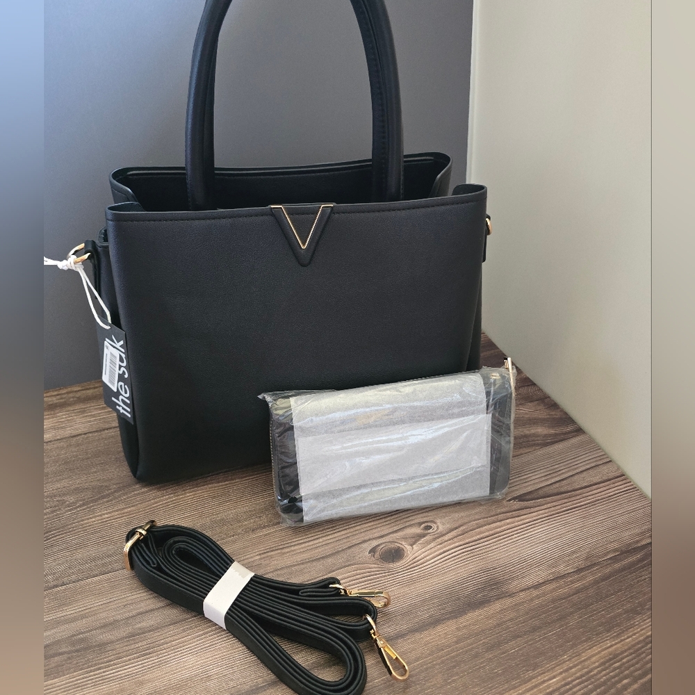 The Sak Black Tote with Gold V Accent
